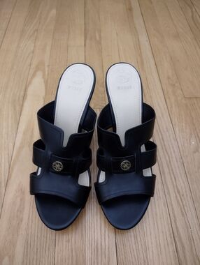 GUESS Black Leather Slide Sandals with Gold Accent